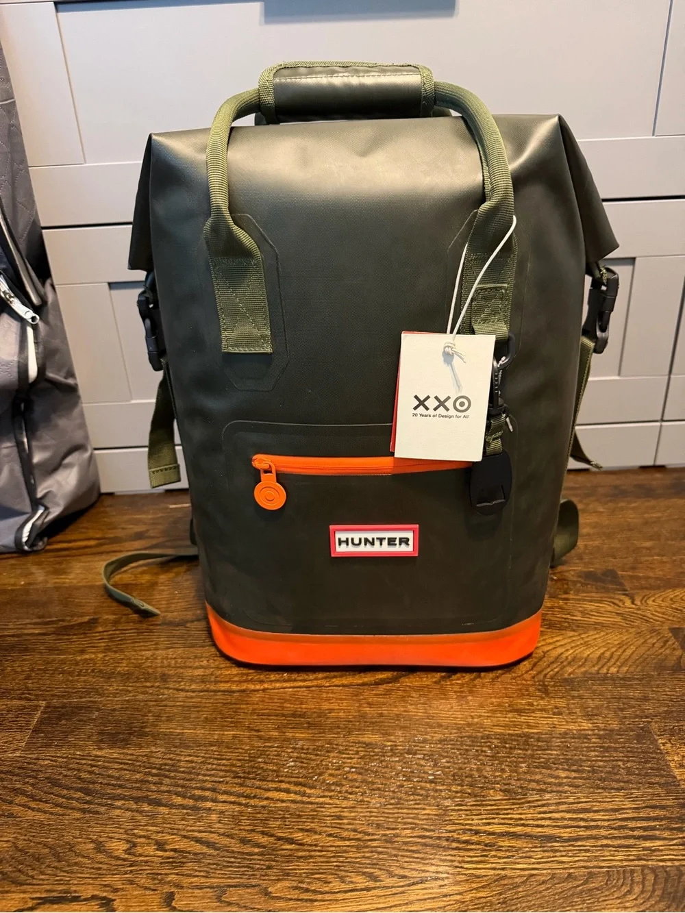 Hunter Olive Green Roll-Top Backpack with Orange Accent